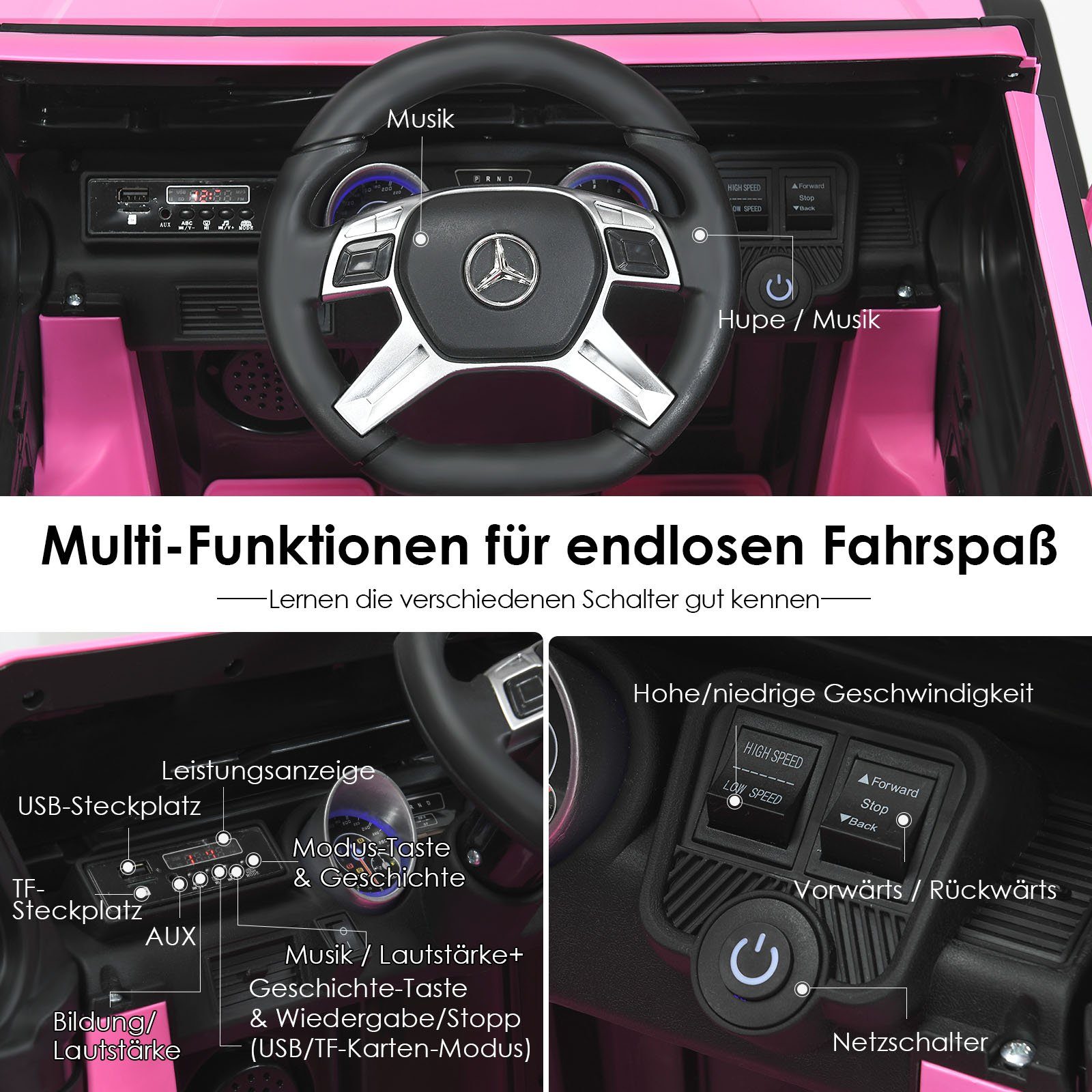 Carrinho elétrico infantil COSTWAY Mercedes Benz, com música e LED, velocidade de 2,5 a 5,5 km/h.