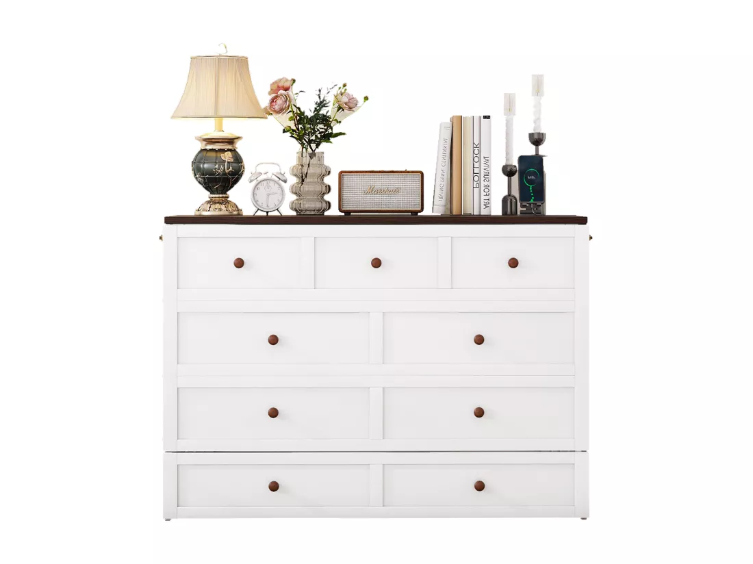 Lit escamotable 140 x 200 cm avec 2 tiroirs et étagère en tête de lit - Bois de pin et MDF - Prise USB - Blanc