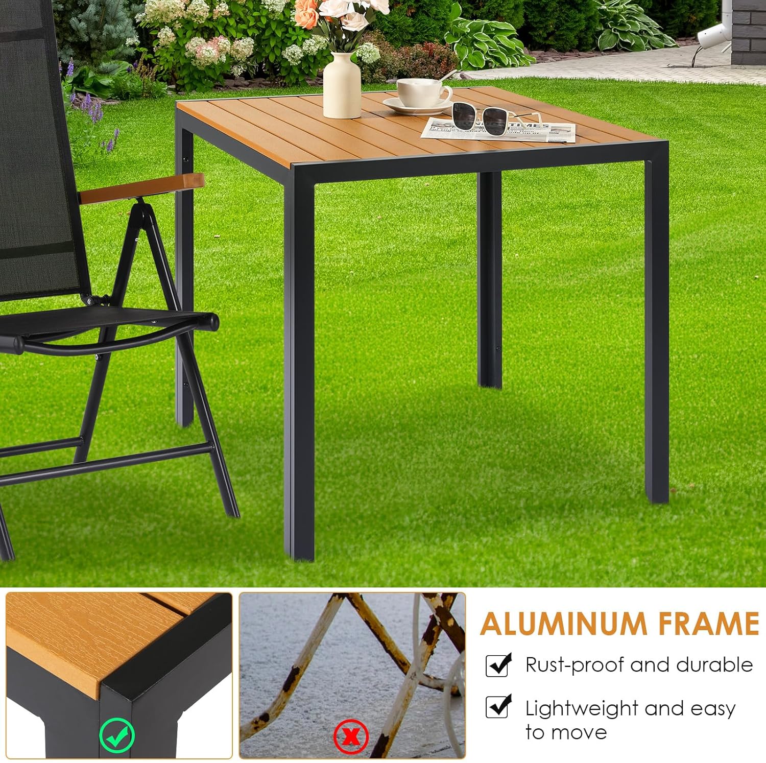 LIFERUN Alu Gartenmöbel Set 3-tlg, Balkonset 2 Stühle 1 Tisch, WPC Gartentisch + 2er Hochlehner Gartenstuhl Klappbar Wetterfest Aluminium Balkonmöbel für Veranden, Innenhöfe, Terrassen, Teakbraune3pcs