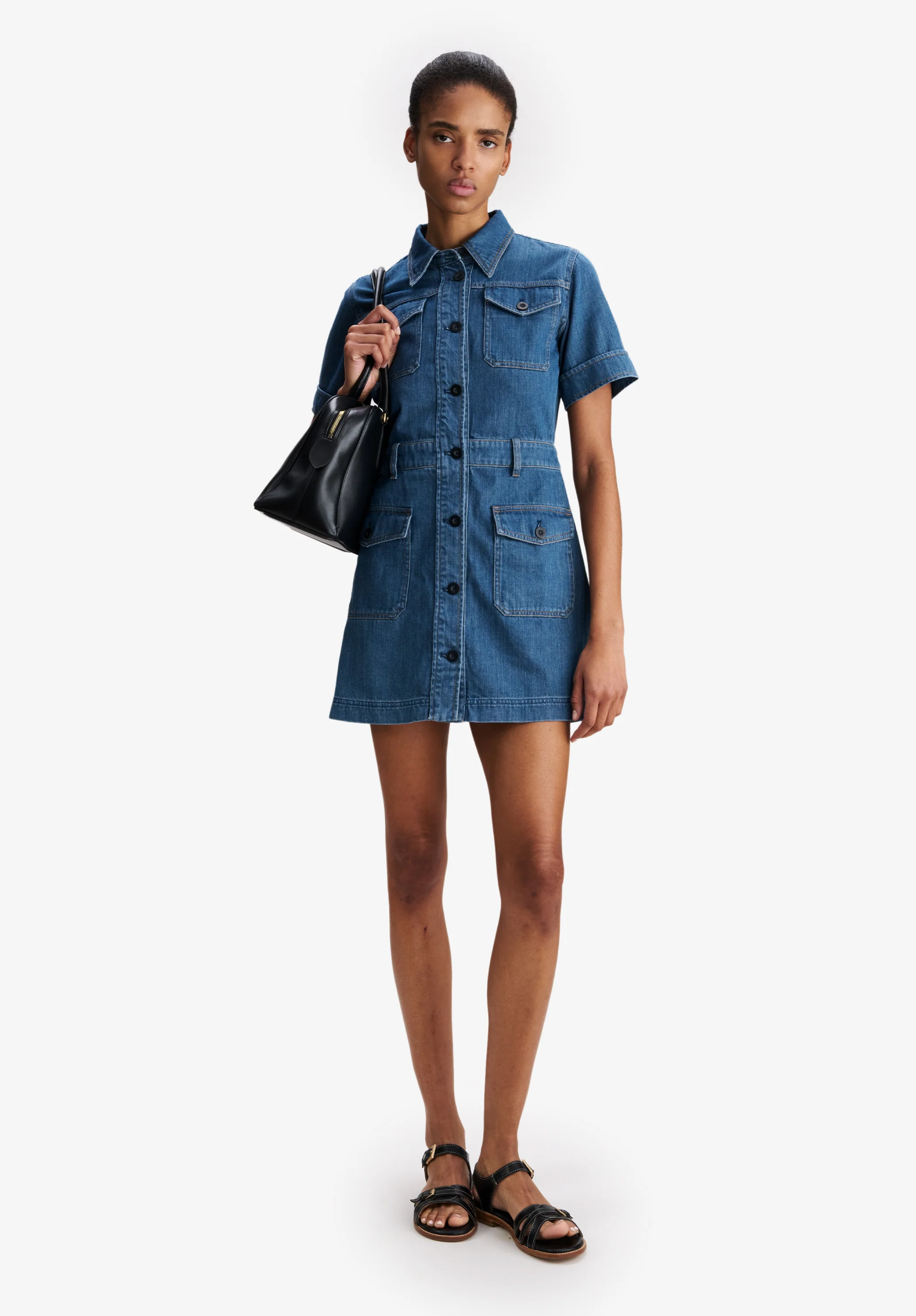 Robe à poches en denim délavé - Indigo delave