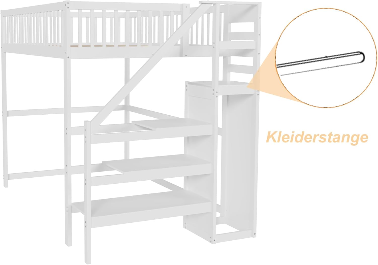 Merax Hochbett 1-Plätzig 140 x 200 cm, Multifunktionales Hochbett für Kinder mit Kleiderschrank und Treppe, Weiß (ohne Matratze)