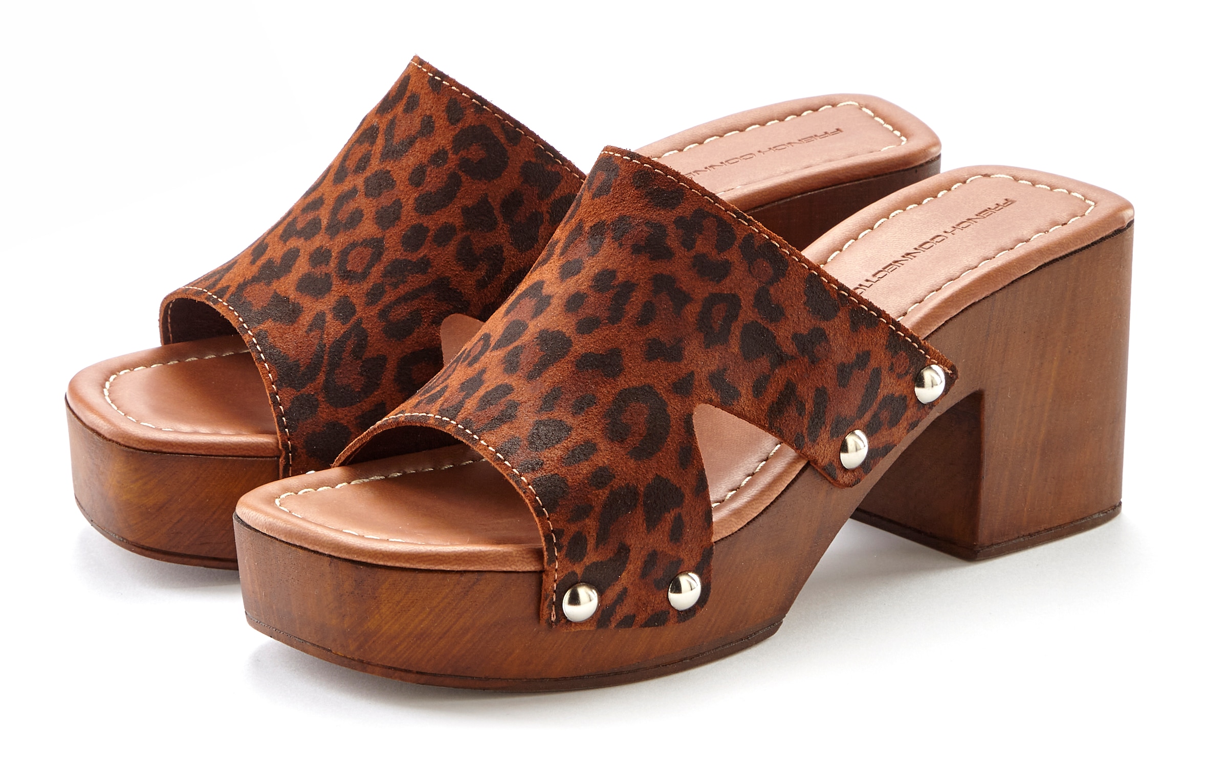 French Connection Pantolette  Mule, Sandale, offener Schuh aus Leder mit Blockabsatz