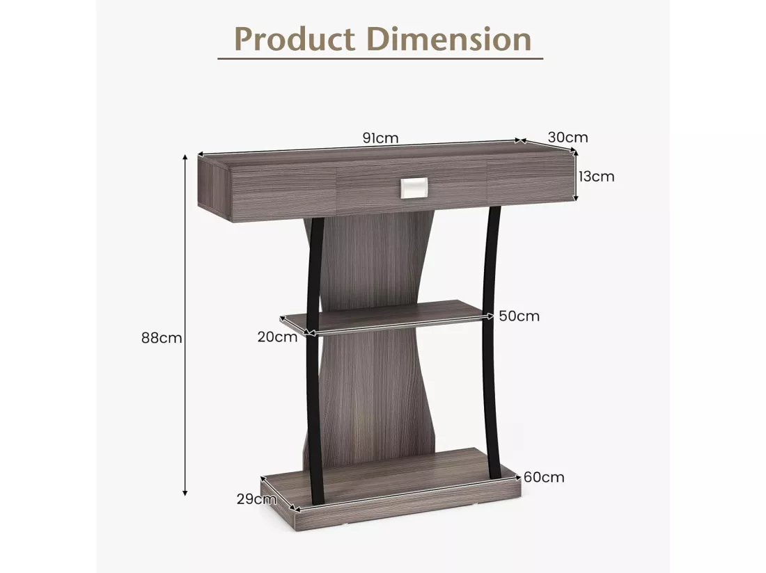 Table de console industrielle à 3 étagères avec tiroir, 91 x 30 x 88cm (gris)