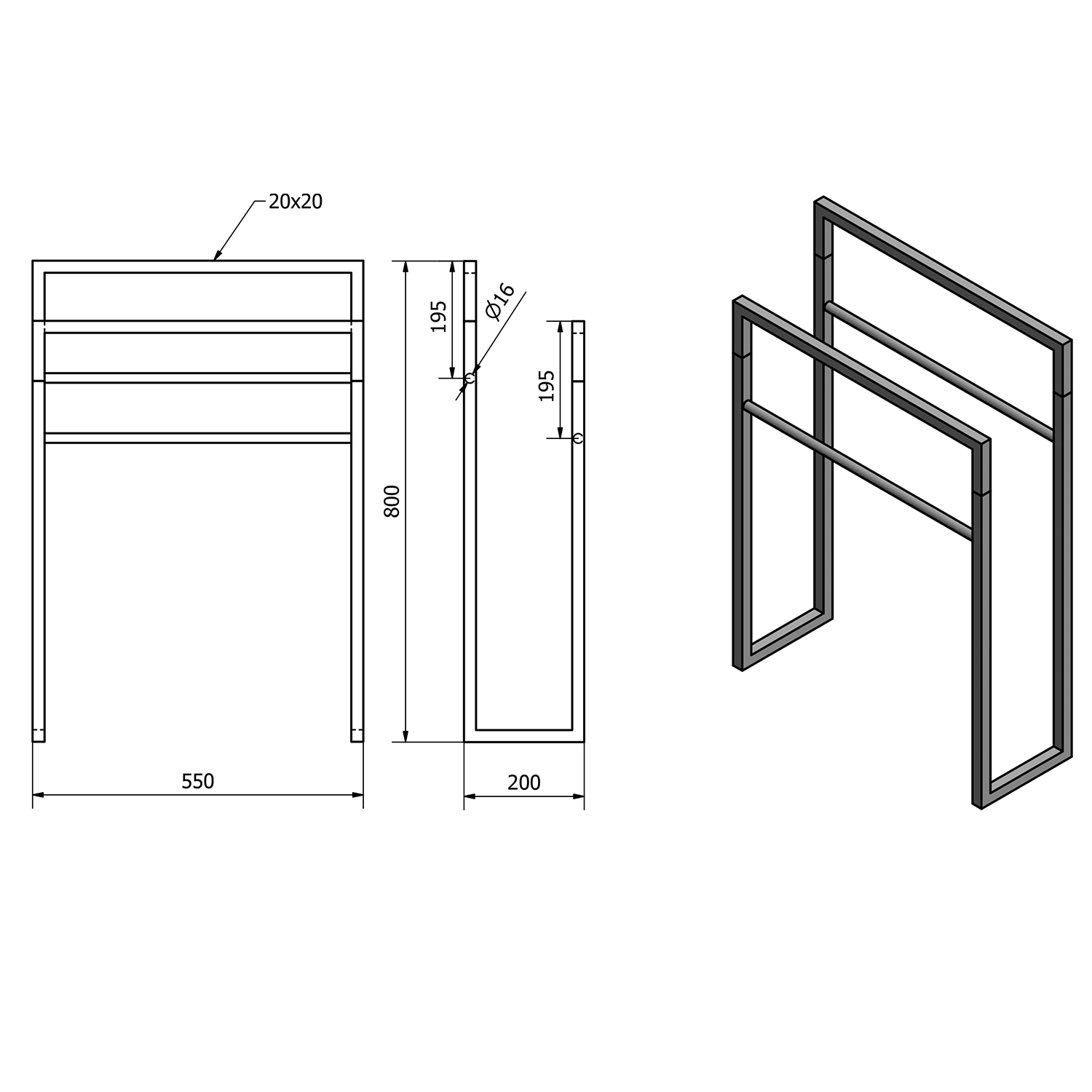 Sapho Industrial handdoekrek mat zwart met hout 80x55x20cm