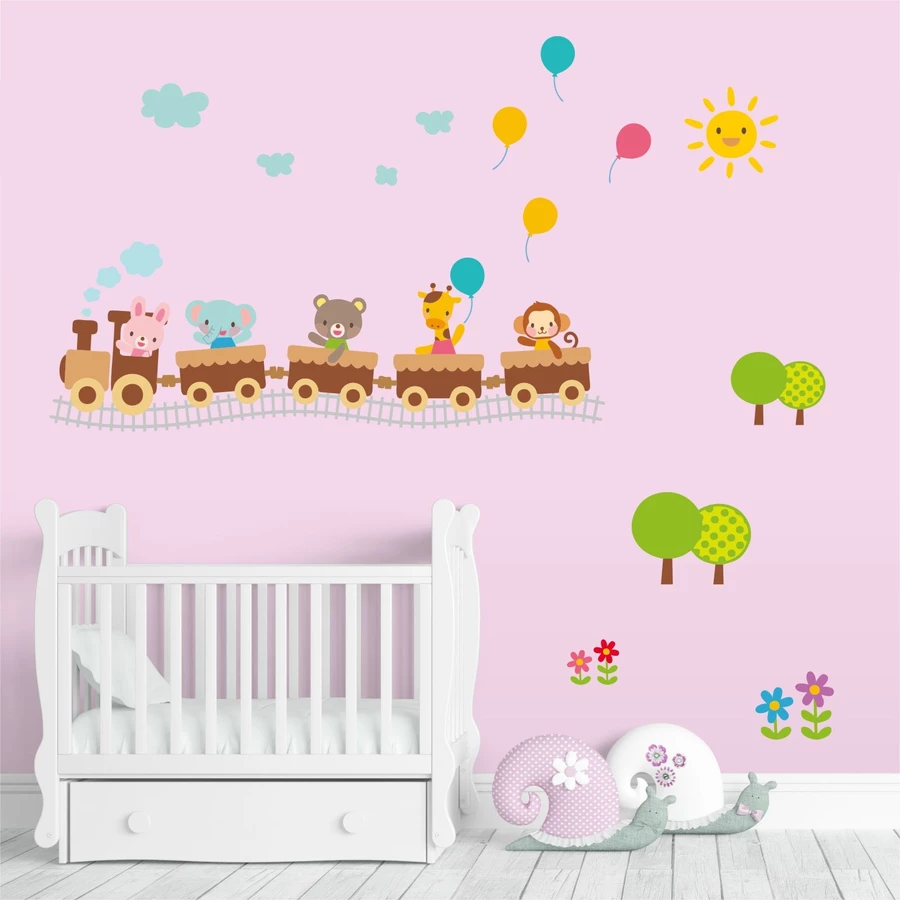 Nikima Wandtattoo 019 Wandtattoo Zug mit Tieren Hase Bär Elefant Giraffe Affe Ballons bunt