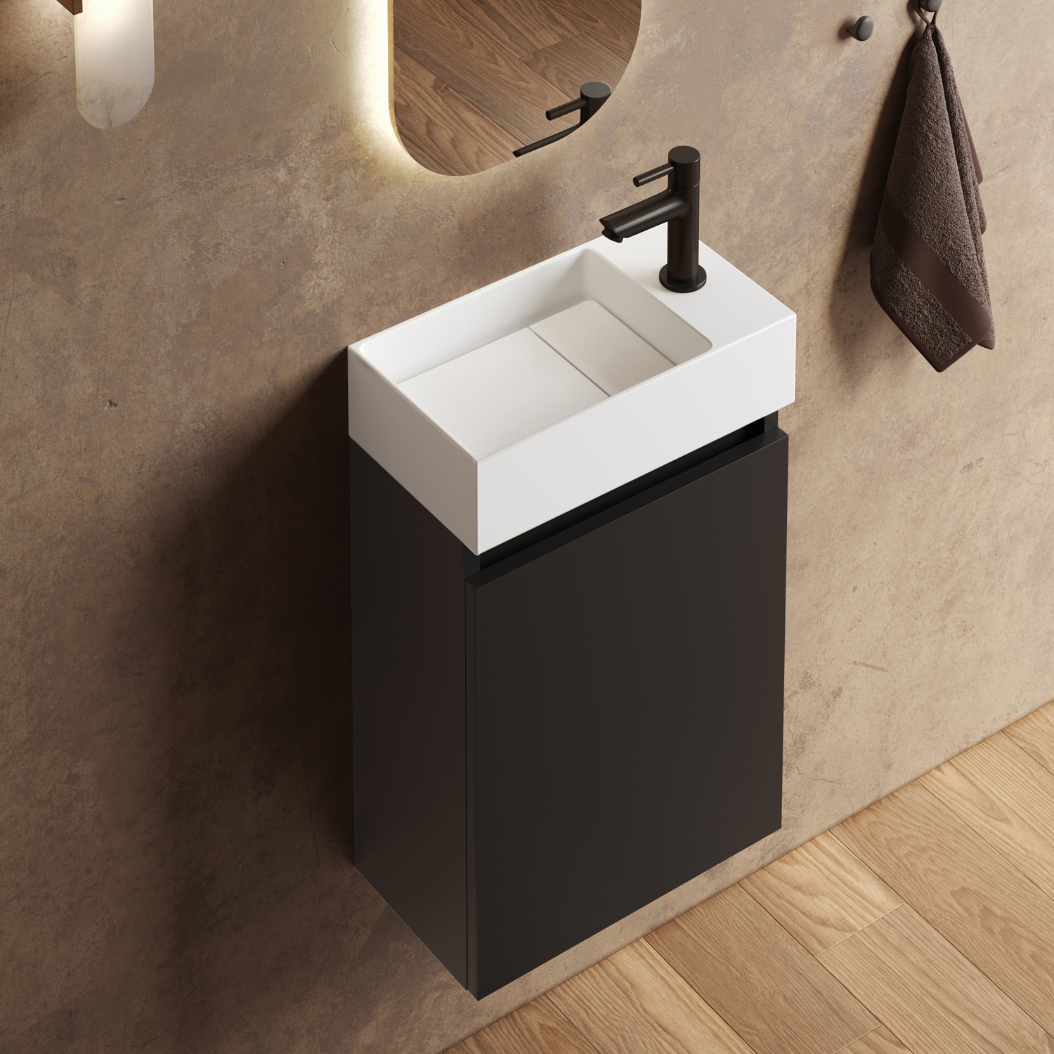 Fontana Itsie toiletmeubel mat zwart 40cm met fontein in glans wit