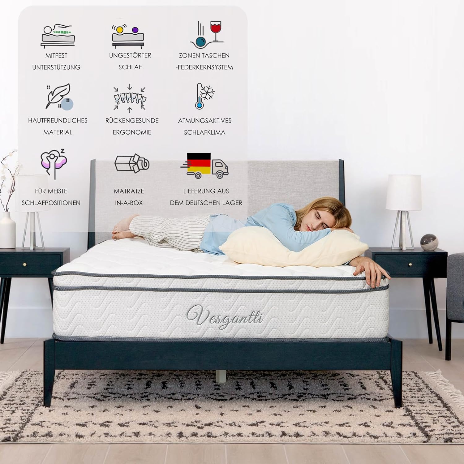 Vesgantti 30cm Höhe Matratze H3 7-Zonen 90x200cm Taschenfederkernmatratze Mittelfeste Orthopädischem Kaltschaummatratze Öko-Tex Zertifiziert Matratzen Klassik BoxTop