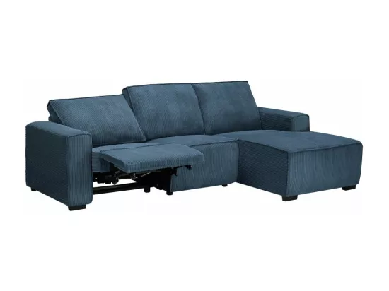 Canapé d'angle droit de relaxation électrique Charline 3 places en velours côtelé - Bleu foncé - L269 x P166 x H92cm - Loungitude