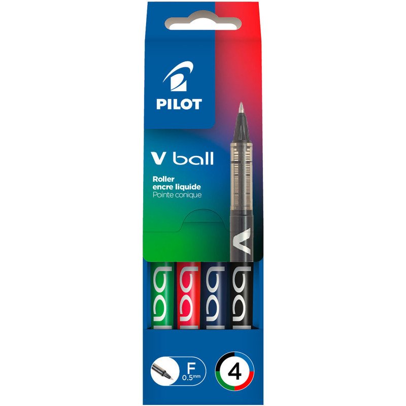 Stylo roller Pilot V-Ball écriture fine. Pochette de 4 couleurs classiques