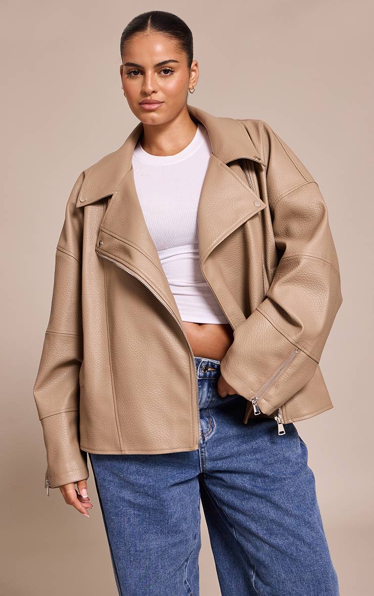 Taupe Veste De Motard Oversize Grande Taille En Synthétiquecuir