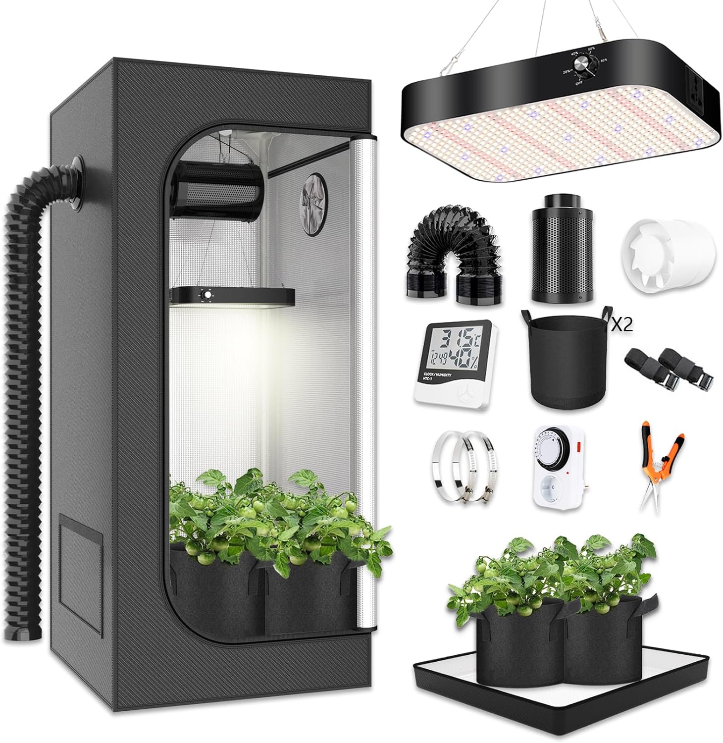 Growzelt Komplettset 40x40x120cm Grow Tent Kit mit 200W LED Vollspektrum Grow Lampe Dimmbar, GrowZelt Kit Komplettes Hydroponics Grow Tent Complete Set