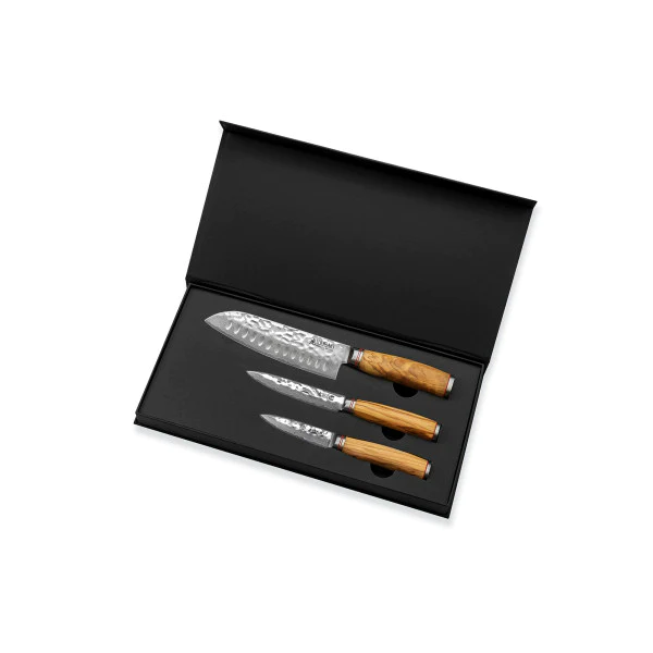 3 couteaux Wusaki Damas 10Cr en coffret élégant (santoku alvéolé, uni