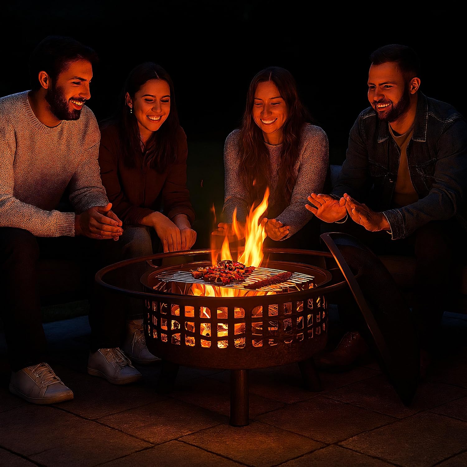 Relaxdays Feuerschale mit Grillrost & Funkenschutz, Schürhaken, Kohlerost, Ø 75 cm, Feuerstelle Garten, schwarz/Silber