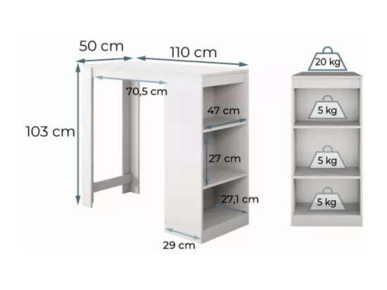 Table haute pour Cuisine Salle à manger en Blanc avec 110x50x103cm Kyra