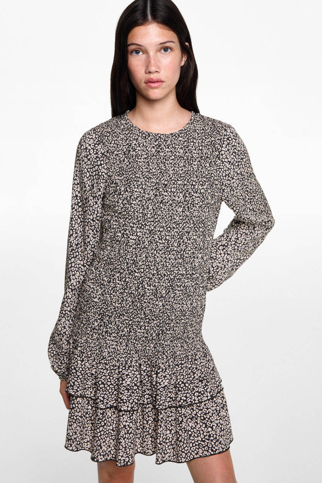 MANGO TEEN jurk met all over print en plooien bruin/zwart