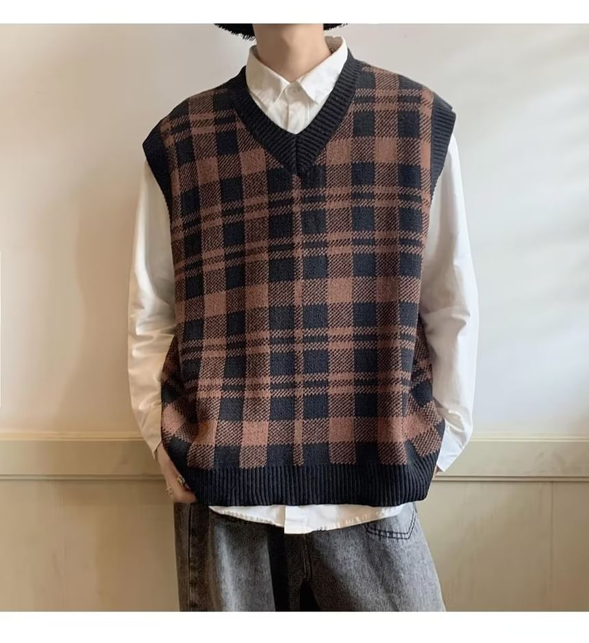 farrahces - V-hals geruite trui met vest