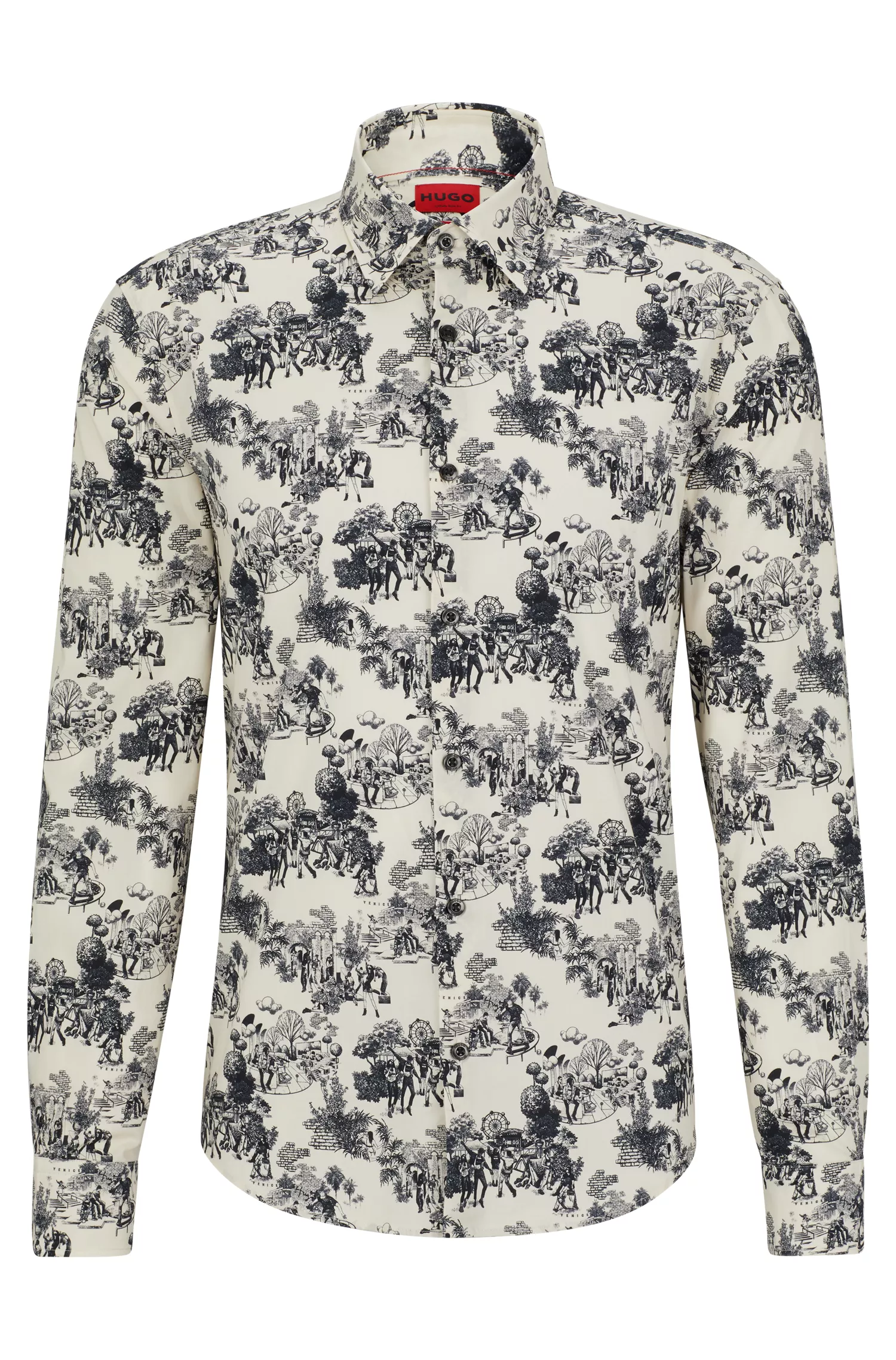 Camisa HUGO vermelha de corte slim em algodão elástico com estampa da estação.