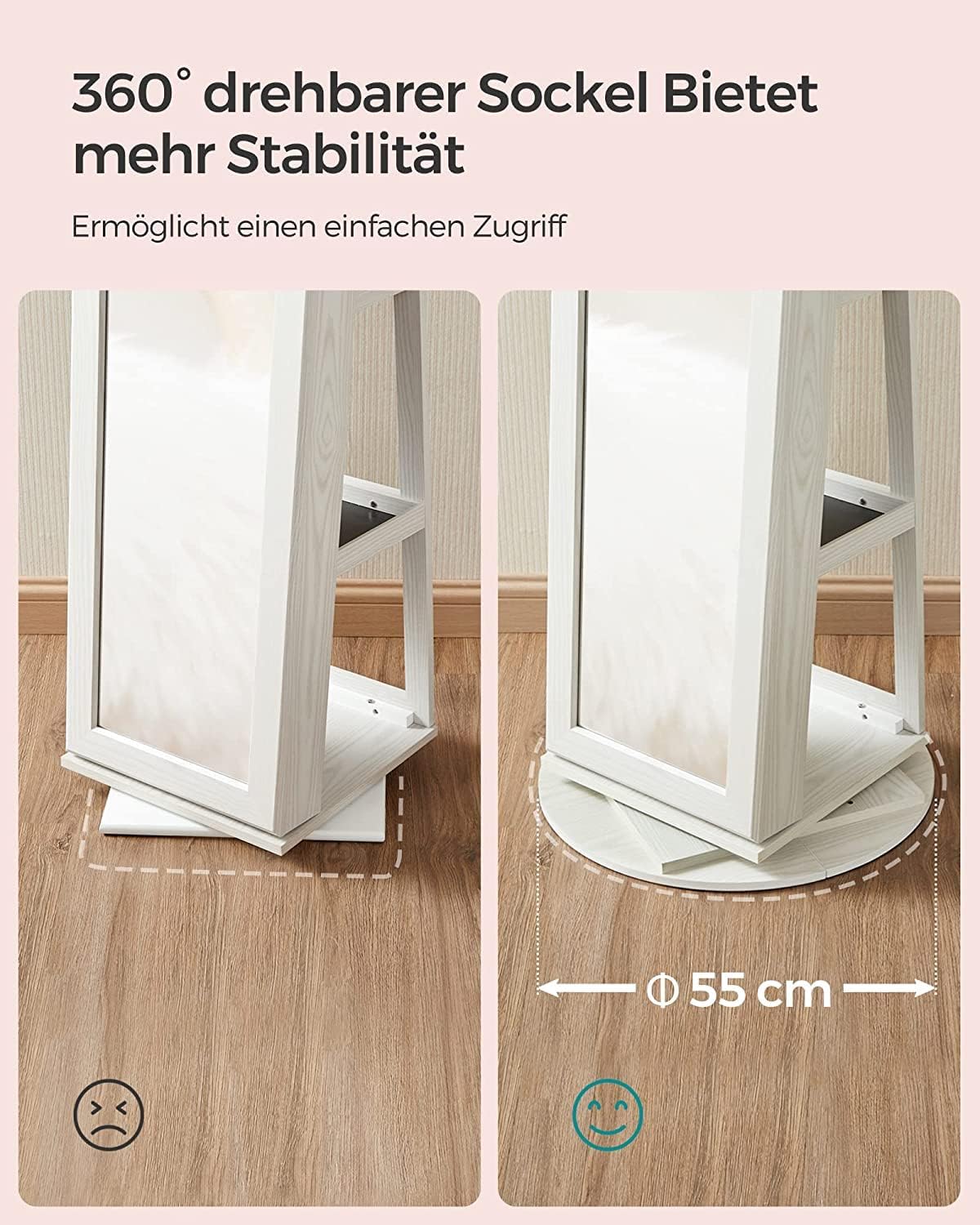 SONGMICS Schmuckschrank, Standspiegel, Spiegelschrank, mit Ganzkörperspiegel, um 360° drehbar, Schmuckaufbewahrung, abschließbar, mit Schlüsseln, Geschenkidee, weiß mit Grauer Holzmaserung JBC62W
