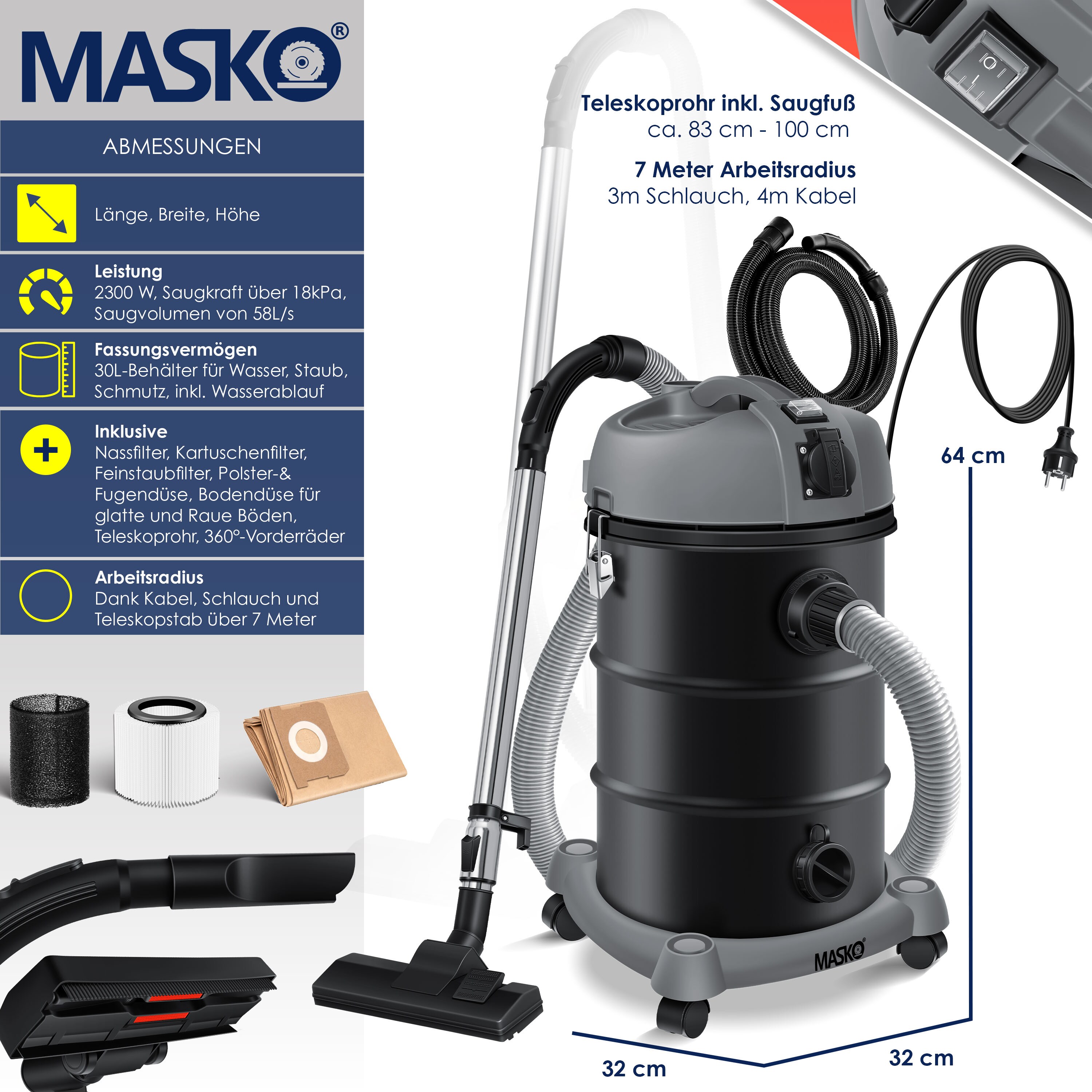MASKO® 6IN1 Industriestaubsauger Staubsauger Nass Trocken Sauger Aschesauger 2300W + Steckdose ? Blasfunktion ? Trocken-Saugen & Nass-Saugen | Industrie-Sauger mit & ohne Beutel | beutellos