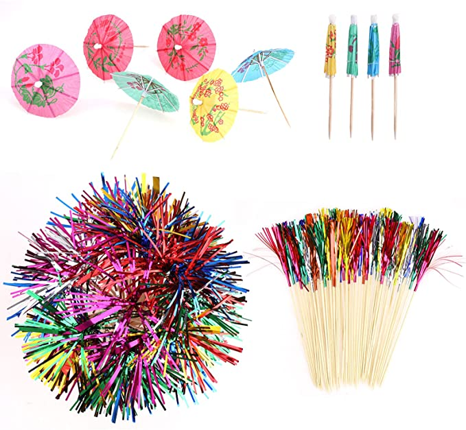 (130-tlg. Set) Party Getränke Deko Papier Strohhalme / Cocktail Schirmchen / Feuerwerk Sticks - Bunt