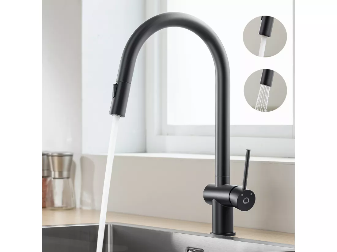 Cecipa max Noir Mitigeur de Cuisine avec Douchette Extractible Robinet en Acier Inoxydable Cuisine d'Évier 2 Modes de Sortie D'eau,EU Modèle