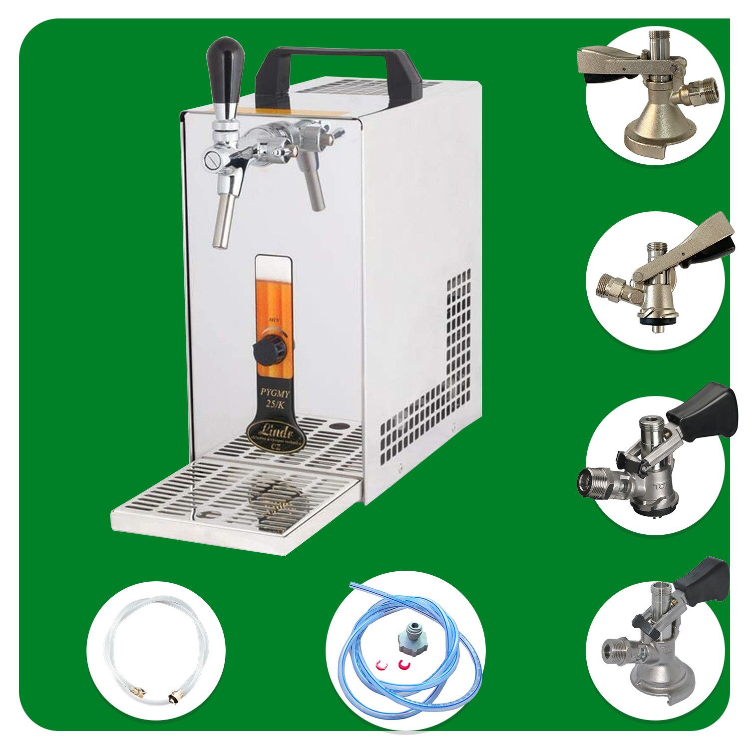 Komplett Set - Zapfanlage, Bierzapfanlage, Bierzapfen PYGMY 20/K mit Membranpumpe, 1-leitig Trockenkühlgerät aus Edelstahl, 25 Liter/h, Green Line, Korb