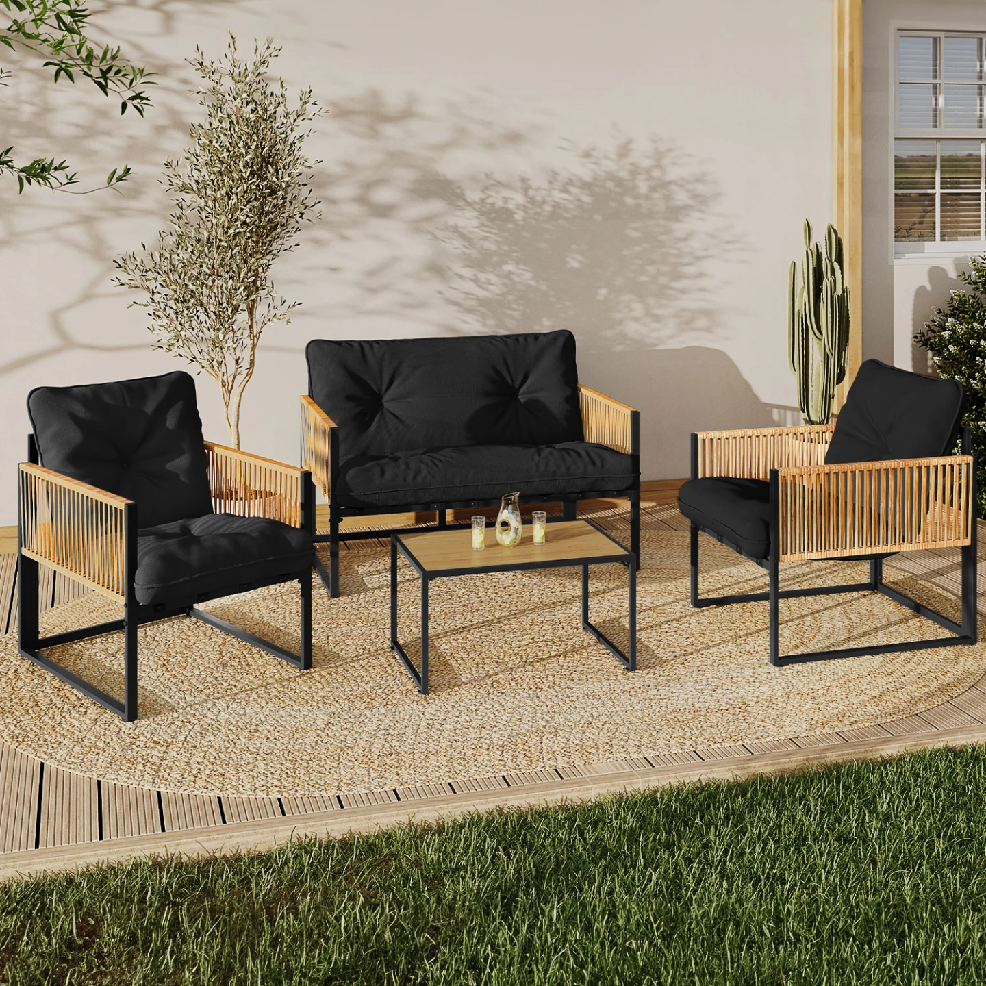 Salon de jardin bas RIO 4 places structure métal noir, cordage effet rotin clair et coussins noir
