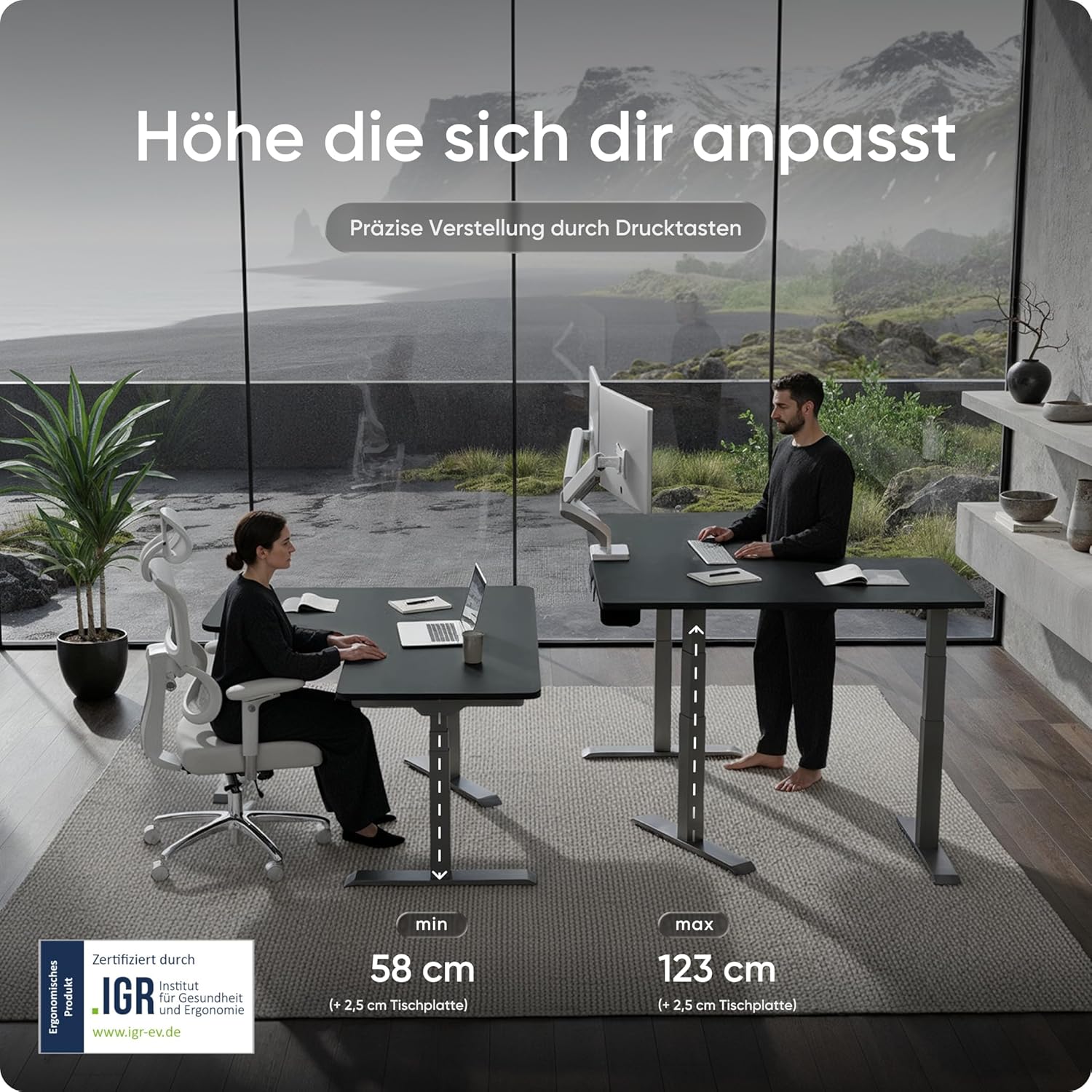 Corner Eckschreibtisch höhenverstellbar (elektrisch) mit Kollisionsschutz und Memory-Funktion, 10 Jahre Gewährleistung, (Graues Gestell, Schwarze Tischplatte, 160 x 130 x 70 cm)