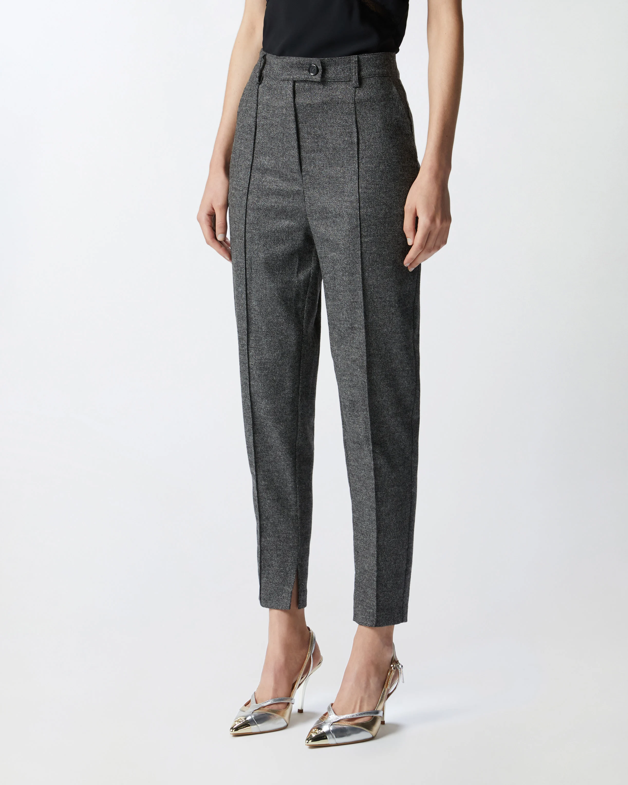 Pantalon cigarette gris en flanelle texturée | Noir