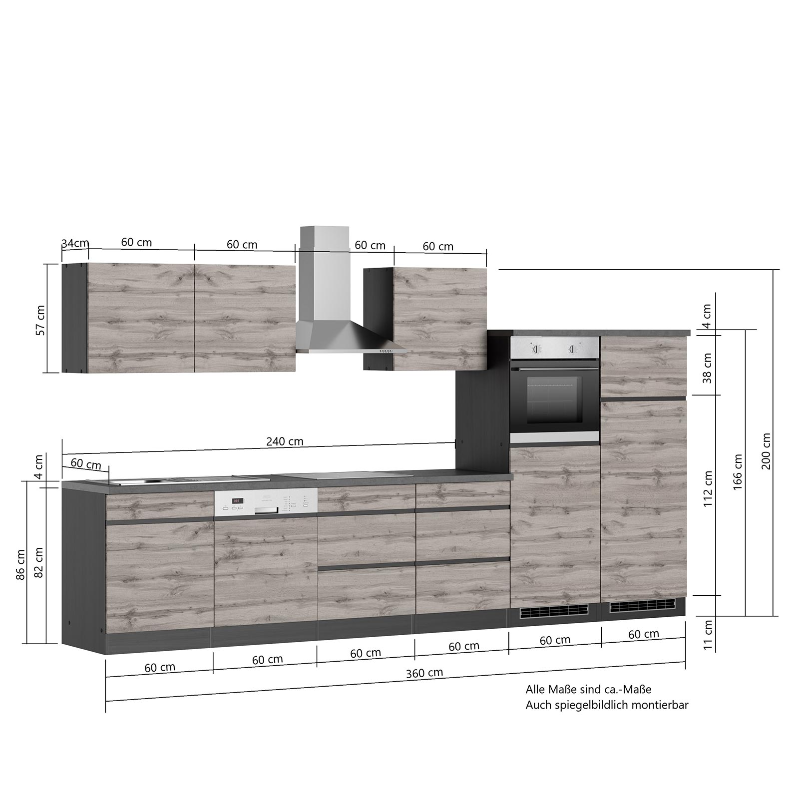 Küchenblock TURIN - Wotan Eiche-graphit - mit E-Geräten - 360 cm