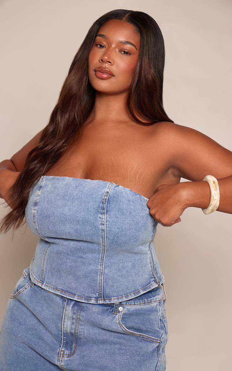 Mid Blue Wash Top Corset Bandeau Élastiqué Ajustable Grande Taille