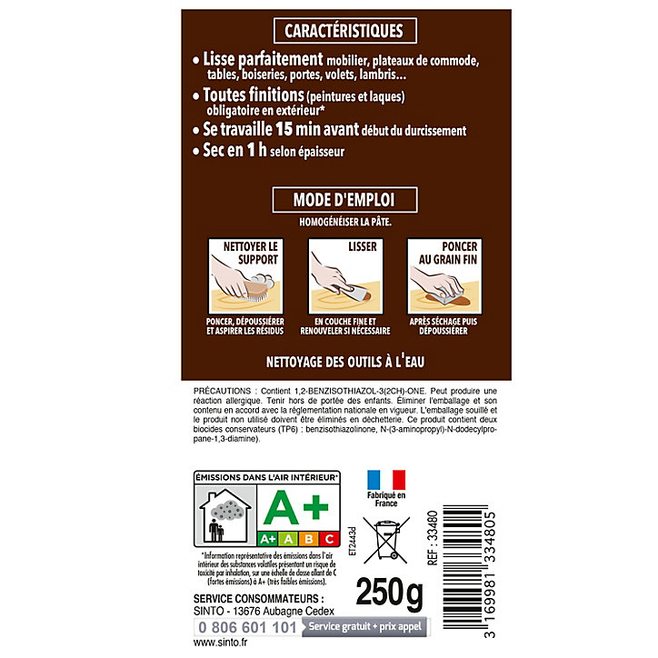 Enduit de lissage bois clair Sintobois 250g