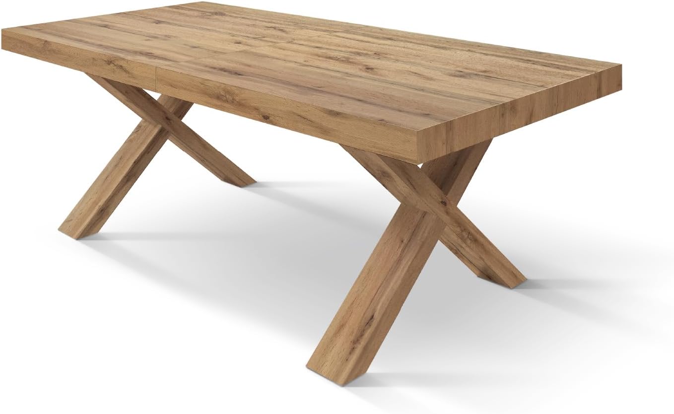 PAZZO DESIGN Ausziehbarer Tisch Marco, Wohnzimmertisch, Küchentisch, Kreuzbeine X Eiche, hergestellt in Italien, rustikale Eiche, 180x90x76 cm - id_2231