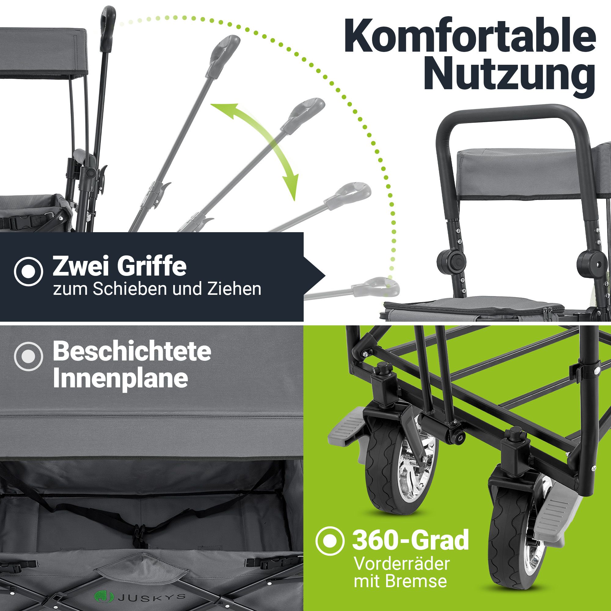 Juskys Bollerwagen mit Dach & Tasche - Wagen bis 120 kg belastbar - Handwagen faltbar - Dunkelgrau
