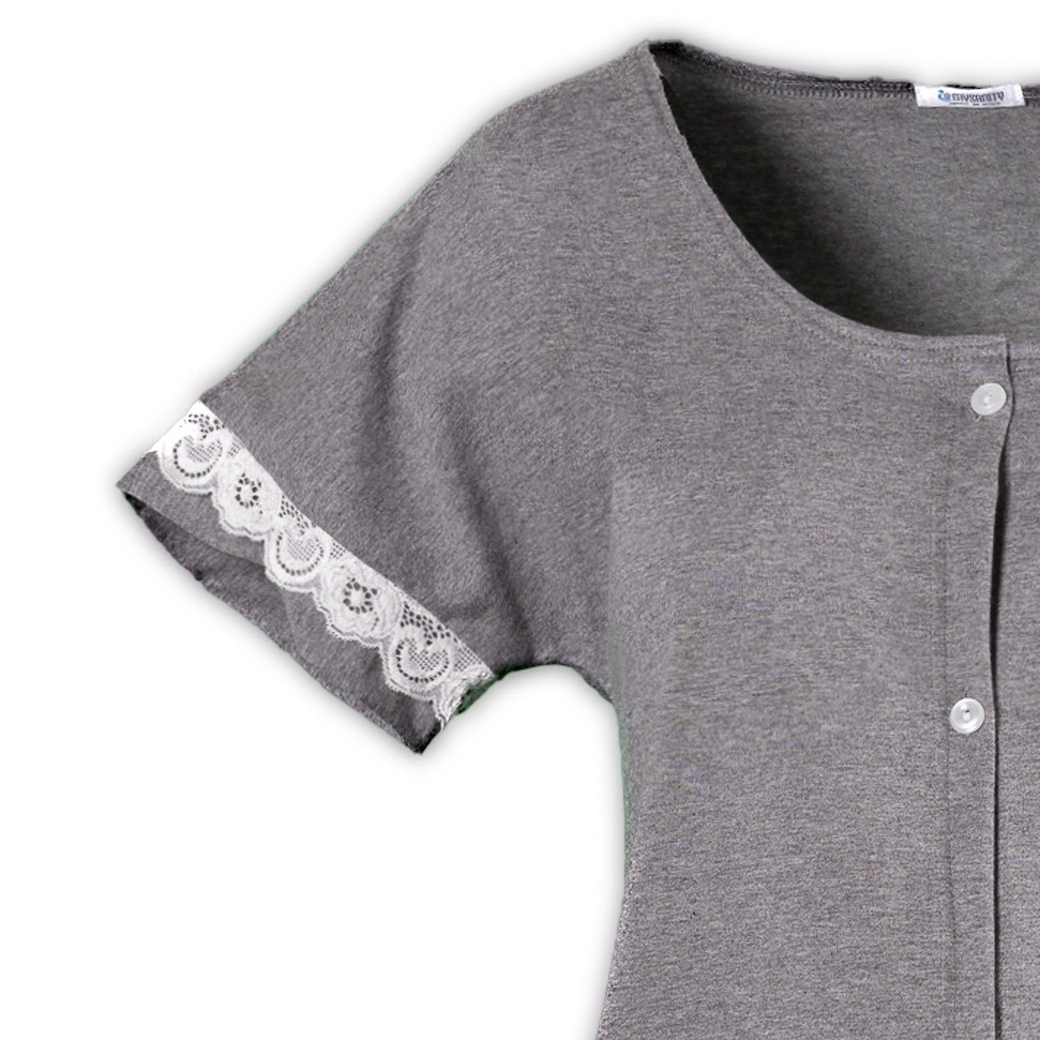 MYSANITY Geburtshemd, vorne offen aus Baumwolle mit Spitze, Grau melange