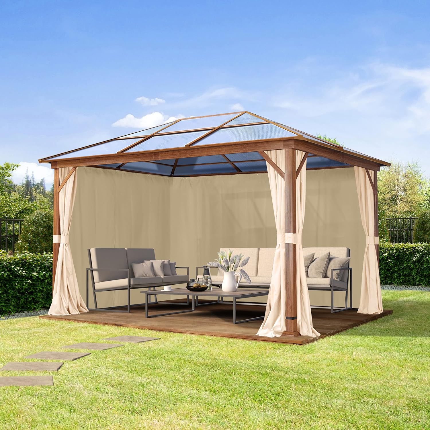 TOOLPORT Gartenpavillon 3x4 m Holzoptik, ca 8 mm Polycarbonat-Dach, 4 Seitenteile in Champagner