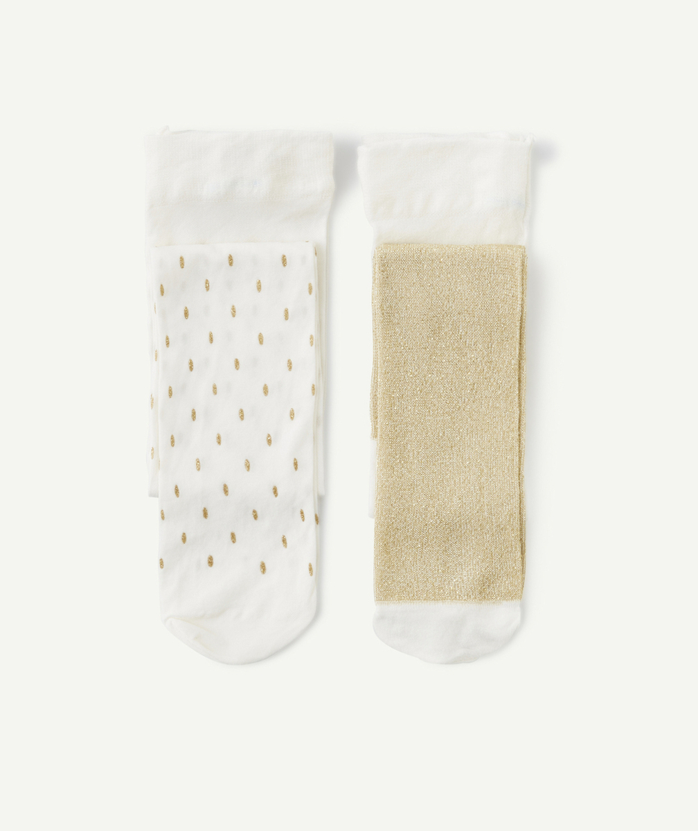 LOT DE 2 PAIRES DE COLLANTS BÉBÉ FILLE BLANC ET COULEUR DORÉE AVEC DÉTAILS PAILLETÉS