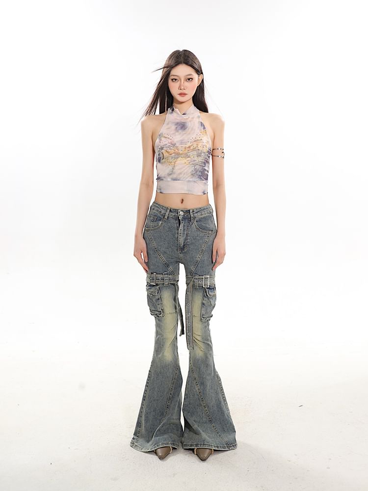 SPUCIKLEI - Mouwloze nep-hals tie-dye crop top met distressed effect