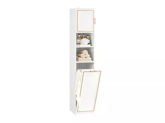 SoBuy Meuble Colonne de Salle de Bain Armoire Haute Étagère étroite de Salle de Bain Meuble de Rangement avec 2 Portes, 2 Compartiments Ouverts et 1 Panier à Linge 33x32x171 cm, BZR87-W