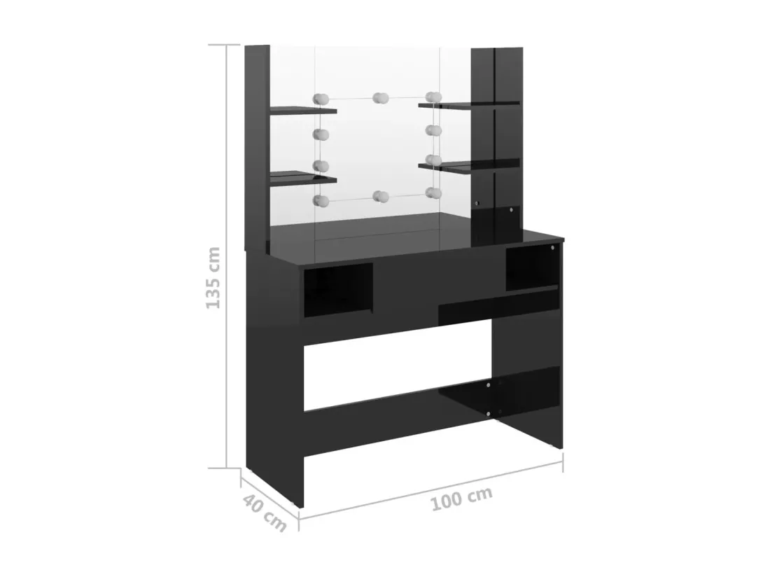 Table de maquillage avec éclairage LED MDF Noir brillant