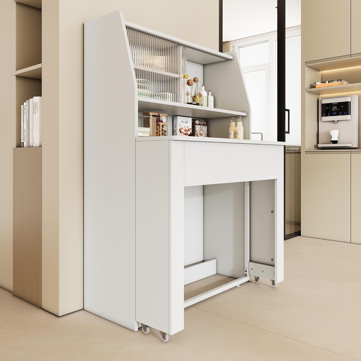 Ausziehbarer Esstisch klein, Einweg-Ausziehtisch, Weiß Esszimmer-Stauschrank, Platzsparender Multifunktions-Esstisch, 52/132.5x80x76cm