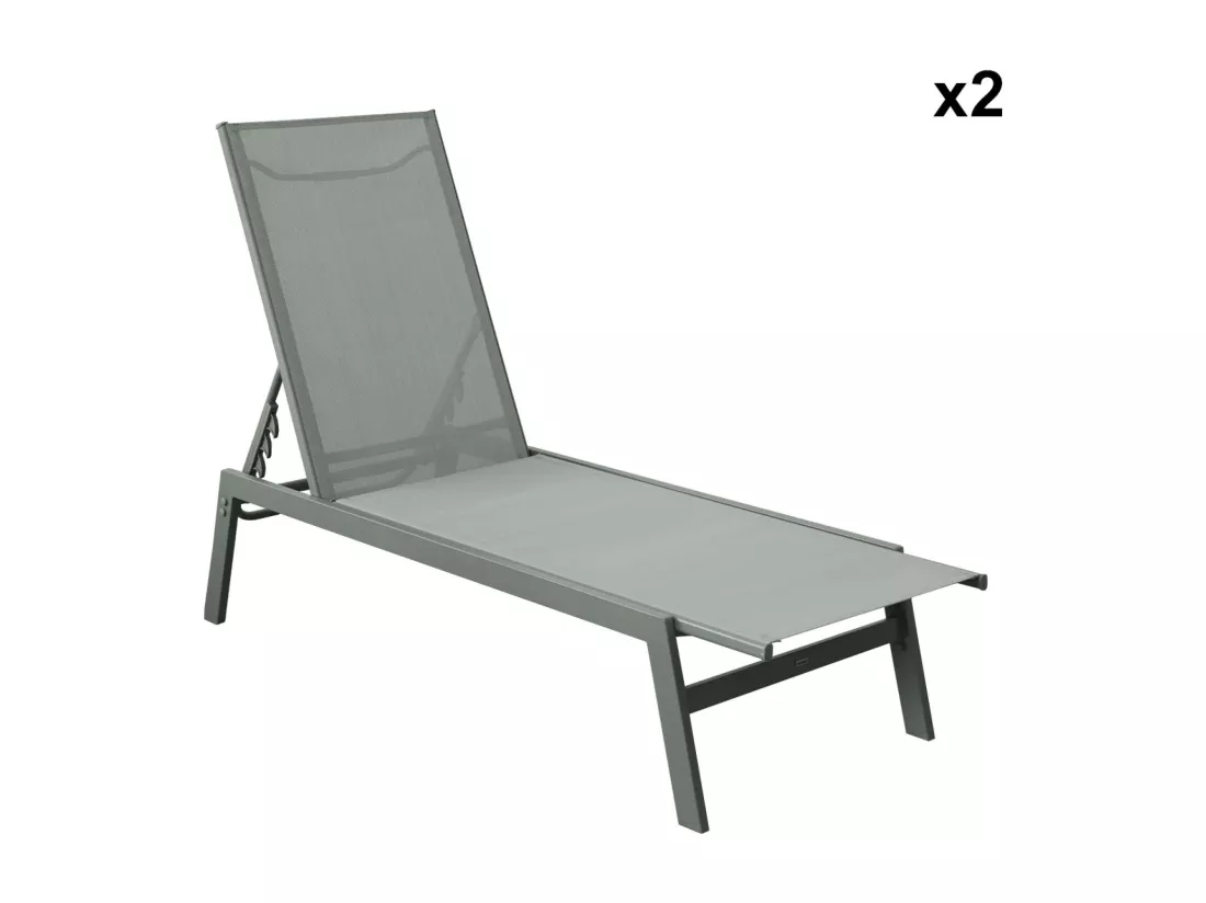 Lot de 2 transats kaki. 5 positions. en textilène et métal. FLORA. L155 x P59 x H106cm
