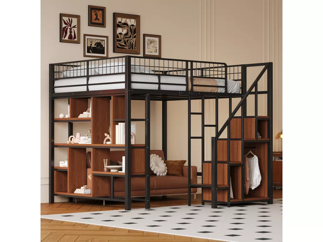 Lit mezzanine 140 x 200 cm avec armoire et étagères - Métal + Contreplaqué + MDF - Sommier à lattes - Noir
