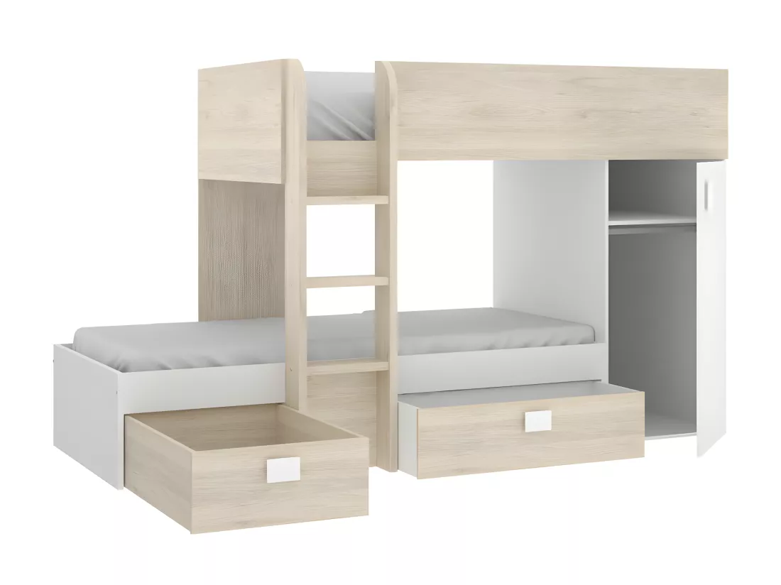 Lits superposés d'angle réversibles RICARDO - 2 x 90 x 190 cm - Rangements intégrés - Chêne et blanc