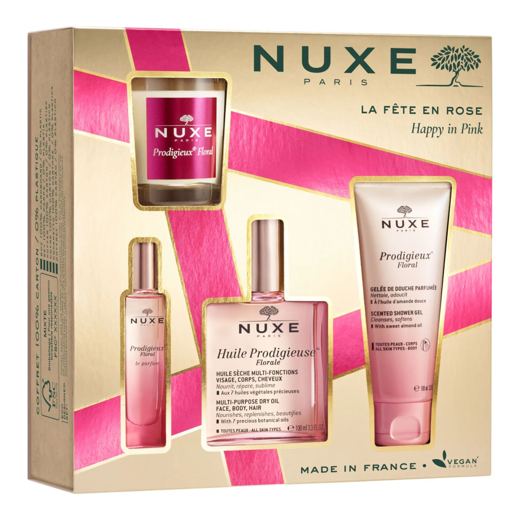 Nuxe - Coffret La Fête en Rose Huile Prodigieuse, Gelée de Douche, Parfum & Bougie- Femme