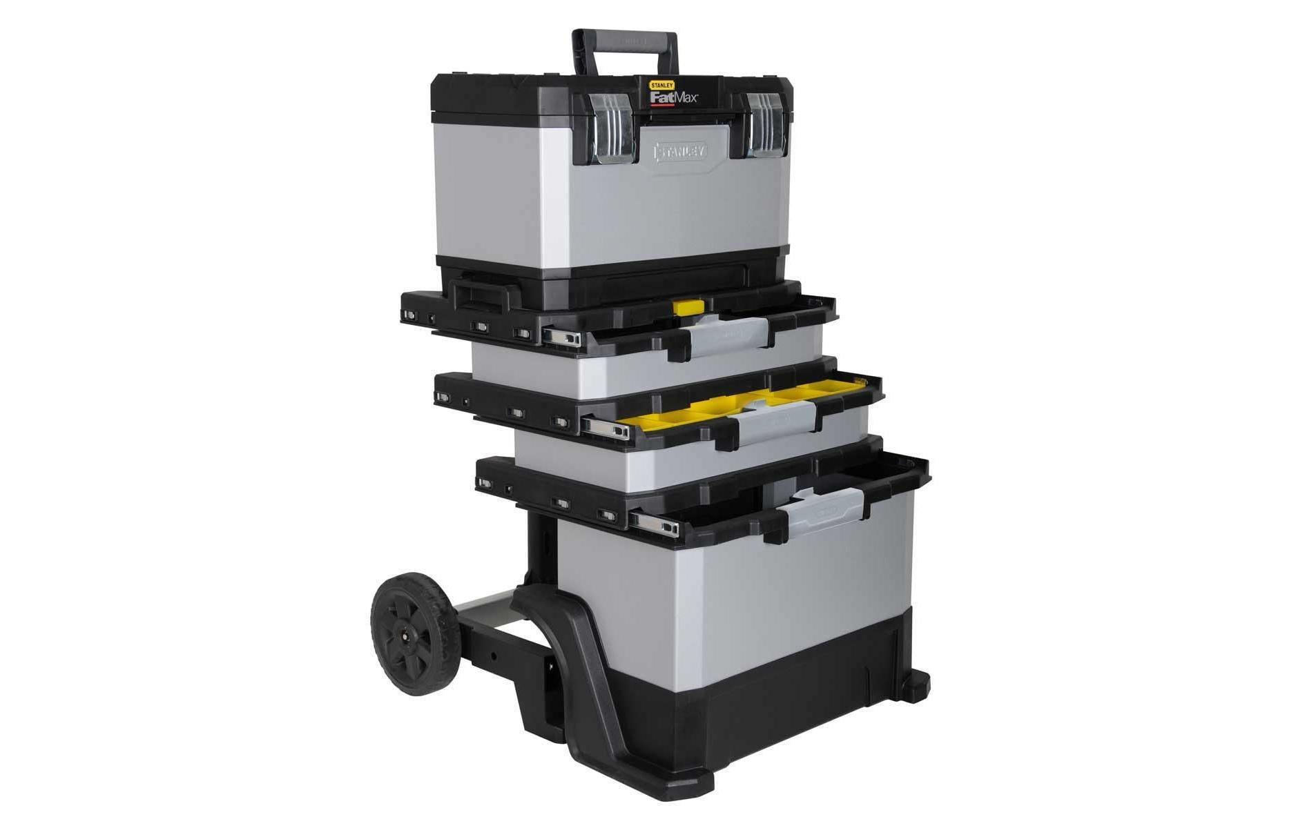 Werkzeugbox Fatmax mit Rollen<br>Rollende Werkstatt aus Metall-Kunststoff mit zwei Schubladen, einem grossen Staufach und einer abnehmbaren, 30cm hohen Werkzeugbox