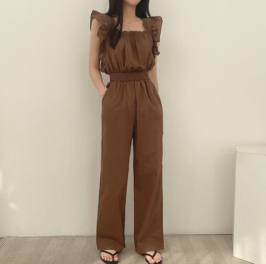 palajana - Mouwloze jumpsuit met ruches en effen motief