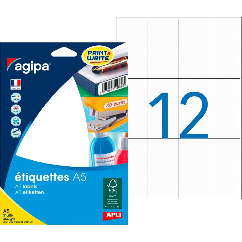 Etiquette adresse jet d'encre et laser Agipa - Etui A5 16 feuilles