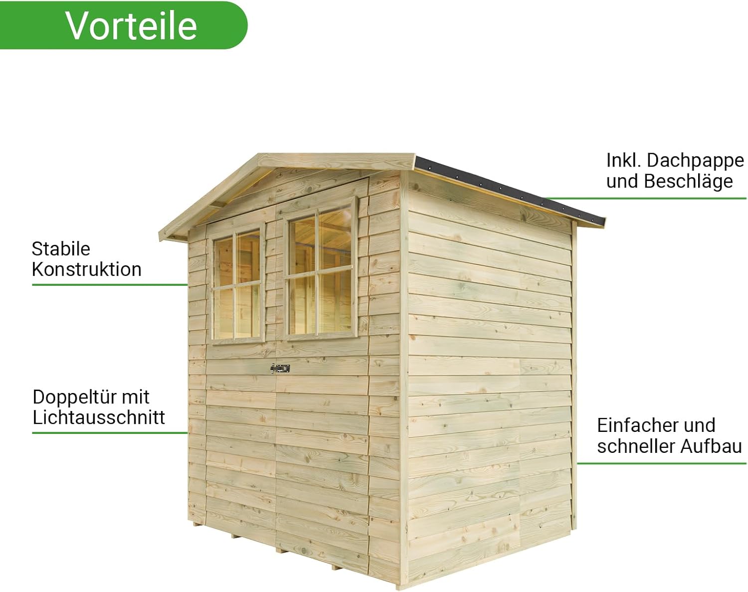 Gerätehaus Hamburg 1 | Gartenhaus | Wandstärke 9 mm | Kesseldruckimprägniert | BxTxH: 180 x 145 x 210 cm | Doppeltür mit Lichtausschnitt | Inkl. Dachpappe + Beschläge