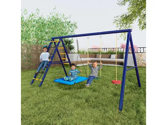Ensemble de balançoires jardin 3 balançoires + portique escalade + panier basket aire de jeux extérieur